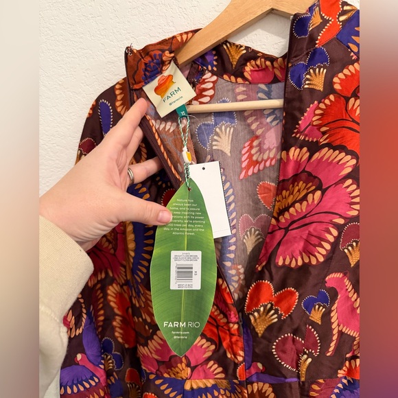 Farm Rio Brown Bright Flora Long Sleeve Mini Dress NWT Size XS - Picture 6 of 7
